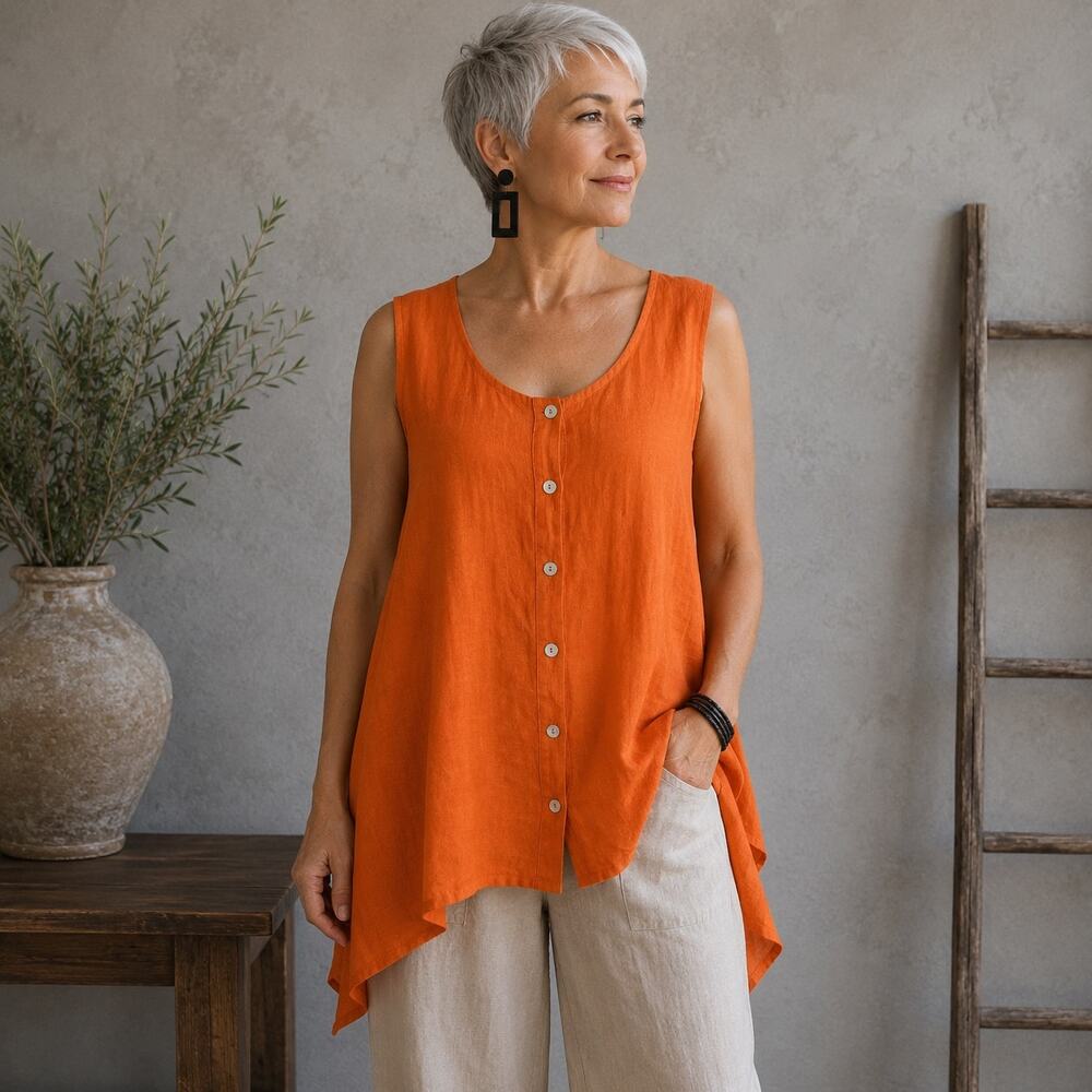 Bryn Walker Orange Sleeveless Button Down Top Medium